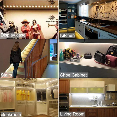 13Ft Led Vanity Mirror Lights Kit Bendable No Cutting Required With Dimmer And 12V Power Supply Flexible Strip Light illuminating various rooms including kitchen, display case, and cloakroom.