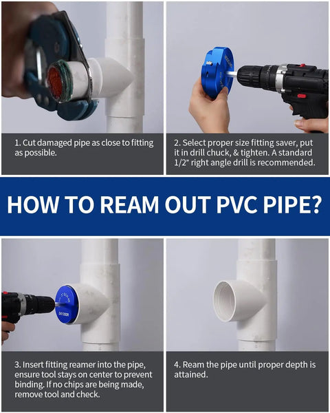 Step-by-step instructions using 3-Inch PVC Pipe Reamer And Fitting Saver Tool With 4-Sided Carbide Blade on PVC pipe.