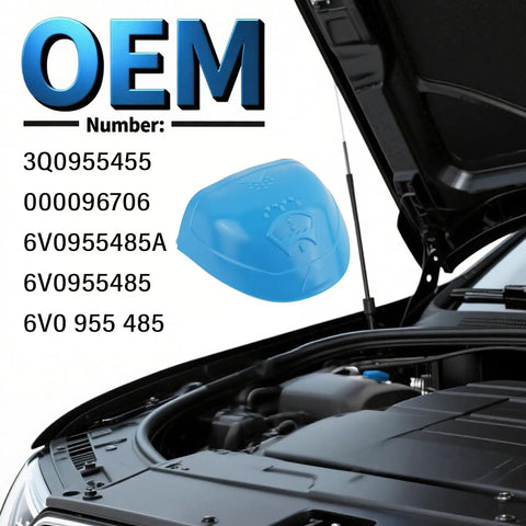 Must Have Windshield Washer Fluid Cap Replacement For VW Bora Passat Golf Porsche Macan Cayenne And Chevy Bolt EV For Your Ride Flexible Reservoir Cap With OEM 6V0955485A Style Seal Easy Install Leak Proof in blue shown installed in engine bay