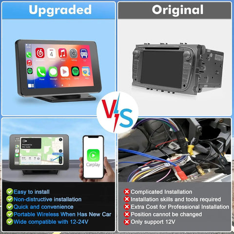 Comparison of upgraded 7-inch HD touch screen stereo with Wireless CarPlay and Android Auto vs original car stereo installation.