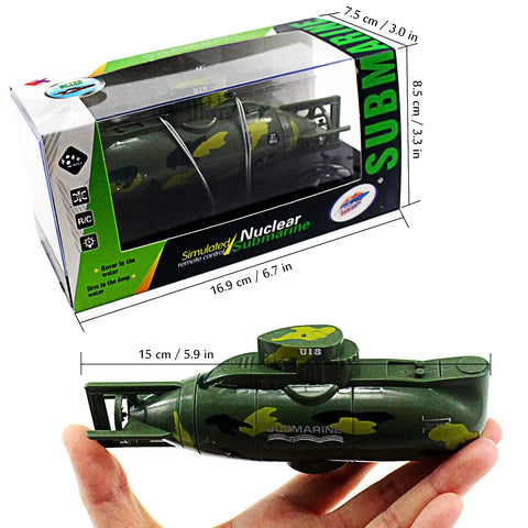 RC Submarine For Kids With Remote Control Diving Water Toy, Realistic Military Submarine Model, Built In Battery, Green, package and product sizing