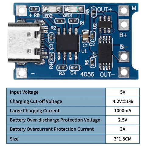 TP4056 Lithium Battery Charging Module And Protection Board With Type C Input 15 Pack, compact size 3*1.8cm for DIY projects.