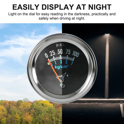 12V oil pressure gauge kit with night illumination, chrome bezel, and easy-to-read 0-100 PSI dial in daylight and darkness.