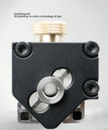Close-up of Slick Aluminum Drilling Jig For 20 30 And 40 Series Profile Rails with integrated threading tool and stabilizing aid.