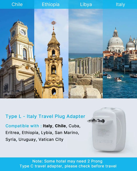 2 Pack Italy Travel Plug Adapter 6 In 1 Power Adapter With 2 Outlets And 4 USB Ports Including USB C Grounded 3 Prong
