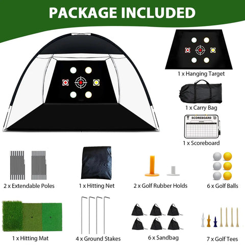 10x7 Foot Practice Golf Net Kit With Tri Turf Mat Balls Tee Carry Bag And All In One Training Aid showing included items package