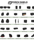 Porch Shield outdoor furniture and equipment covers selection, including table, chair, grill, and mower covers in various shapes.