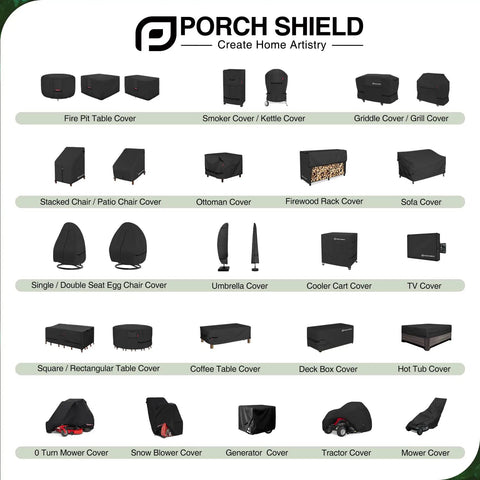Porch Shield outdoor furniture and equipment covers selection, including table, chair, grill, and mower covers in various shapes.