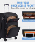 Softside Expandable Carry On Luggage With Four Spinner Wheels, Durable 21-Inch Suitcase Expands About 20 Percent For Extra Packing Room, Purple Weekend Ready with two front quick-access pockets open showing compartments.