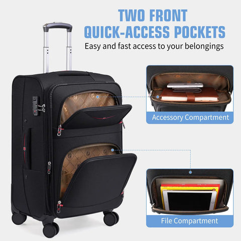 Softside Expandable Carry On Luggage With Four Spinner Wheels, Durable 21-Inch Suitcase Expands About 20 Percent For Extra Packing Room, Purple Weekend Ready with two front quick-access pockets open showing compartments.