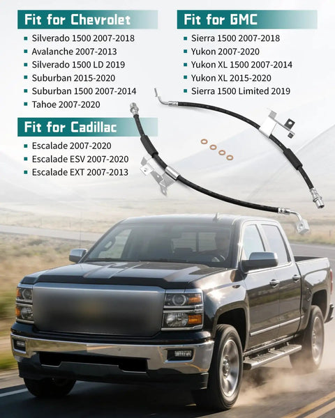 Chevrolet GMC Cadillac Front Brake Hydraulic Hoses Heavy Duty Replacement Kit displayed with compatible truck models.