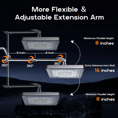 High Pressure 10 Inch Rain Shower Head With 11 Inch Adjustable Extension Arm and 5 Setting Handheld Shower, diagram showing flexibility