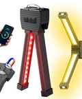 Lit Gym Lighting On The Go Portable Magnetic Work Light showing 180° swivel, USB charging, red and yellow light modes.