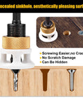 4 Piece Carbide Countersink Drill Bit Set For Woodworking With 4 Flutes And Adjustable Low Friction Depth Stop shown in use.