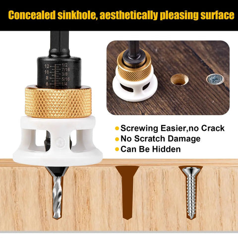 4 Piece Carbide Countersink Drill Bit Set For Woodworking With 4 Flutes And Adjustable Low Friction Depth Stop shown in use.