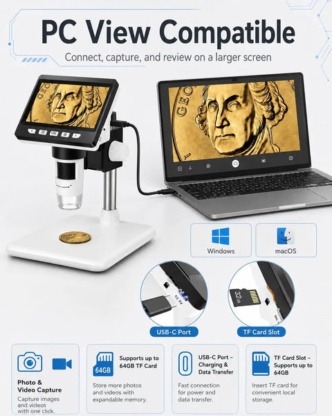 Coin Microscope 1000X With 4 3 Inch LCD Screen For Error Coins And Mint Marks For Coin Nerds 1080P USB Microscope With 8 Adjustable LEDs Photo And Video Capture Built In Storage Works With Windows And Mac, shown with PC view