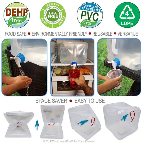 BPA Free Collapsible Water Container With Spigot For Your Go To Camping And Outdoors Setup Food Grade Portable Water Storage Carrier Jug For Hiking And Emergencies Foldable Canteen 5.3 Gal 2 Pack in use for hand washing, fridge storage, and easy pouring.