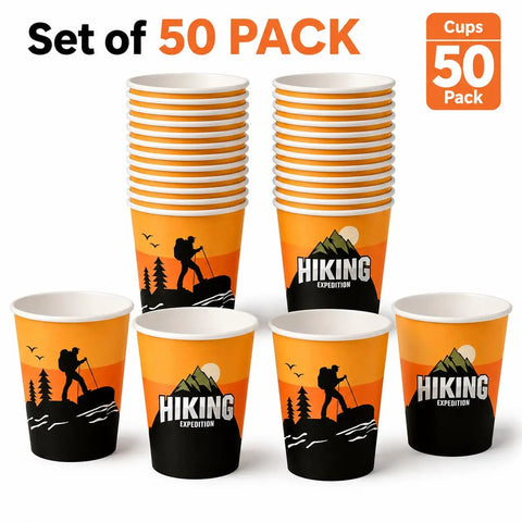 50 Pack 9oz Camping And Hiking Themed Disposable Paper Cups with hiking design for parties and outdoor adventures