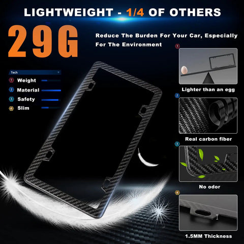 Lightweight real carbon fiber license plate frame showcasing features: 29g weight, 1.5mm thickness, sleek design, 4-hole black car tag holder.