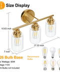 Dimensions of Brushed Brass 3 Light Vanity Fixture With Clear Glass Shades Wall Sconce Vibe with size details and bulb options.
