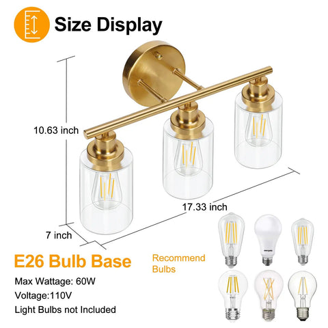 Dimensions of Brushed Brass 3 Light Vanity Fixture With Clear Glass Shades Wall Sconce Vibe with size details and bulb options.