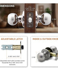 Dimensions and details of Passage Interior Door Knob Set Satin Stainless Heavy Duty Hardware With Easy Install And Reversible Design