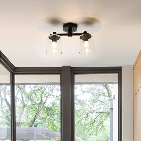 2-Light Industrial Glass Shade Semi Flush Mount Ceiling Fixture in modern room setting