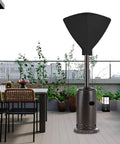 Vinyl Patio Heater Cover With Zipper And Storage Bag For Stand Up Propane Heaters Heavy Duty Waterproof Weatherproof Shield UV Resistant Fits 34 Inch Dome Heads And 18.5 Inch Bases Black covering a patio heater.