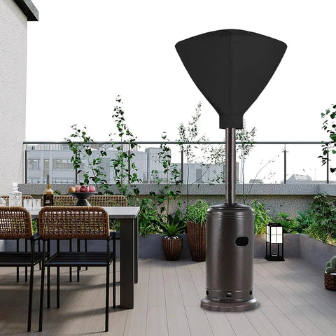 Vinyl Patio Heater Cover With Zipper And Storage Bag For Stand Up Propane Heaters Heavy Duty Waterproof Weatherproof Shield UV Resistant Fits 34 Inch Dome Heads And 18.5 Inch Bases Black covering a patio heater.
