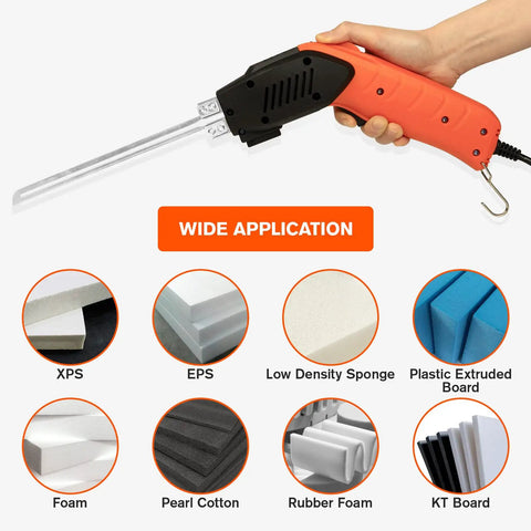 Rongter 200W Air-Cooled Electric Hot Knife Foam Cutter Tool With Active Fan Cooling System for continuous foam cutting, held in hand.