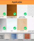 Surface compatibility chart for Heavy Duty Picture Hanging Strips showing applicable and non-applicable surfaces.