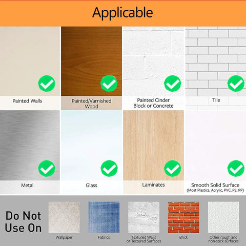 Surface compatibility chart for Heavy Duty Picture Hanging Strips showing applicable and non-applicable surfaces.