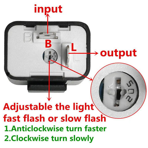 2 Pin Flasher Relay 12V Adjustable Flash Speed For LED Turn Signals And Hazards Hyper Flash Direct Replacement Plug And Play Upgrade For Cars And Motorcycles, showing input and output labels