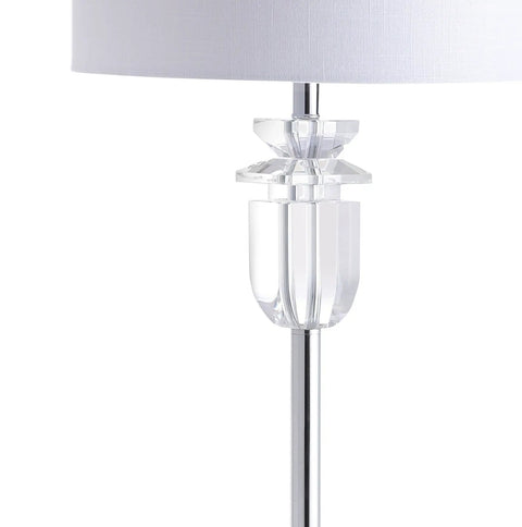 Close-up of clear chrome and crystal detail on 63 Inch Clear Chrome Faceted Crystal Iron LED Floor Lamp With White Linen Drum Shade For Living Room