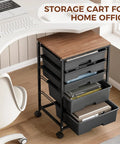 Five Tier Rolling Storage Cart With Wood Top On Wheels For Home Office Classroom Craft Room And Kid Room Mobile Drawer Trolley With Two Big Drawers And Three Small Drawers Black placed under desk in office setting