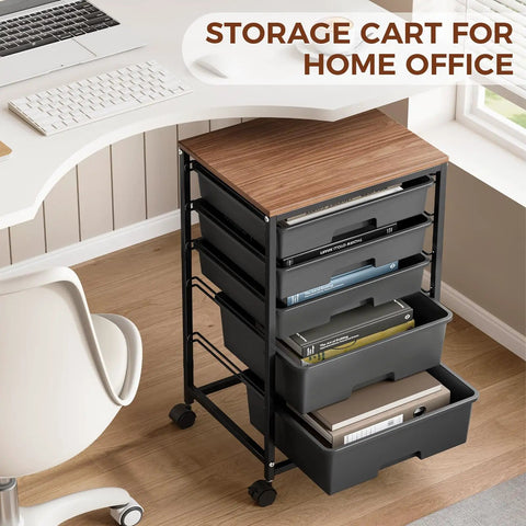 Five Tier Rolling Storage Cart With Wood Top On Wheels For Home Office Classroom Craft Room And Kid Room Mobile Drawer Trolley With Two Big Drawers And Three Small Drawers Black placed under desk in office setting