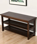 Sturdy Hickory Wood Shoe Bench With Massive Storage For Entryway And Mudroom Indoor Outdoor Ready Front Door Organizer USA Grown Hardwood Dark Walnut Finish Solid Top And Bottom Shelves.