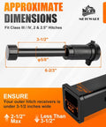 Push To Lock Trailer Hitch Lock For 2 Inch And 2.5 Inch Receiver 5/8 Inch Pin Anti Theft With O Rings Keyless Security That Locks Fast Fits Class III And IV Hitches Heavy Duty Black shown with dimensions