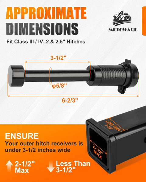 Push To Lock Trailer Hitch Lock For 2 Inch And 2.5 Inch Receiver 5/8 Inch Pin Anti Theft With O Rings Keyless Security That Locks Fast Fits Class III And IV Hitches Heavy Duty Black shown with dimensions