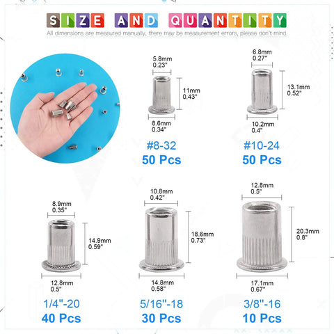Must-Have Rivet Nut Kit 180 Pcs 304 Stainless Steel Flat Head Nutserts For Auto Home And Shop Repairs Includes size guide