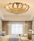 Dimmable Crystal Chandelier With Controller 23 Point 5 Inch Next Level Luxury Flush Mount LED Ceiling Lamp Lotus Shape Pendant Lighting Fixture For Living Room And Bedroom Gold Finish in bedroom setting