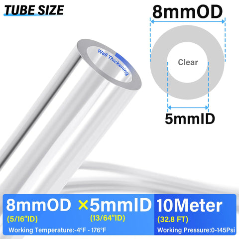 Diagram showing clear PU air hose kit with 8mm OD, 5mm ID, and 10m length, designed for 145 PSI high pressure in cold weather.