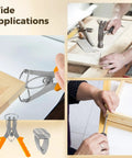 Premium Spring Clamp Spreader Tool Kit with 8 Stainless Steel Miter Clamps For Heavy Duty Woodworking DIY Jobs One Hand Operation Expands Two Inches Fast Easy Adjustments Perfect For Frame Building And Precise Fitting Tasks. Miter clamp used on wood frame