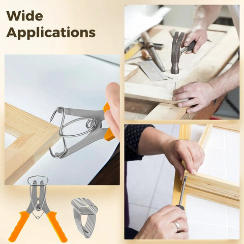 Premium Spring Clamp Spreader Tool Kit with 8 Stainless Steel Miter Clamps For Heavy Duty Woodworking DIY Jobs One Hand Operation Expands Two Inches Fast Easy Adjustments Perfect For Frame Building And Precise Fitting Tasks. Miter clamp used on wood frame