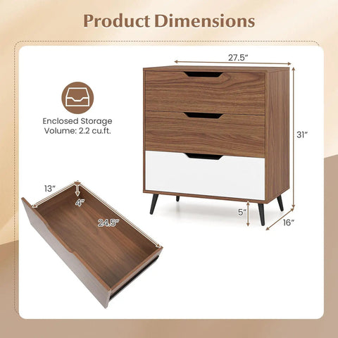 Dimensions of Knockout Rustic Farmhouse Three Drawer Dresser Heavy Duty Wooden Storage Chest with smooth gliding drawers.