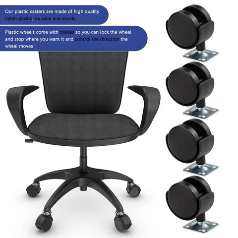Four Pack 2 Inch Plastic Furniture Casters With Nylon Swivel Plate And Brakes shown installed on an office chair.