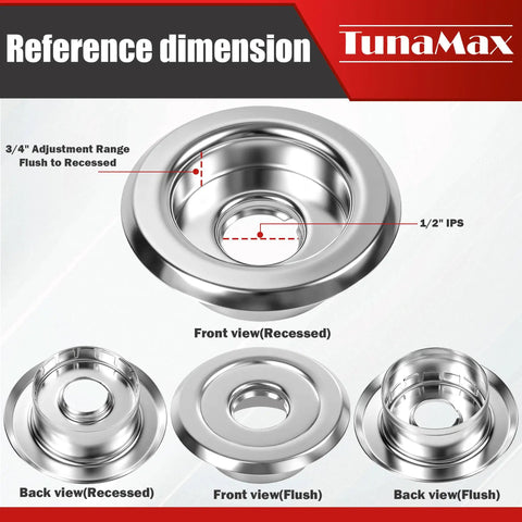 Sleek Recessed Fire Sprinkler Escutcheon Trim Ring Covers 1/2 Inch Ips Pipes for installation reference dimensions in flush and recessed views.