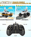 Amphibious RC Car With Water Cannon And Waterproof Remote Scale One To Sixteen 4WD Monster Truck showing remote control functions.