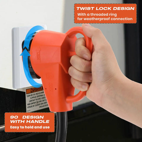 Overload Protected Heavy Duty RV Power Adapter Cord 50 Amp To 110 Volt With Built In 15 Amp Circuit Breaker shown in use with twist lock