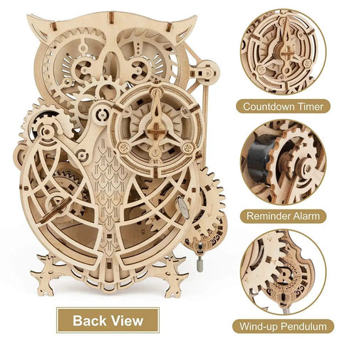 Epic 3D Wooden Owl Clock Puzzle Kit For Adults, Mechanical Model Building DIY Hobby, 161 Pieces, Vintage Owl Design, Silent Quartz Clock, Back view